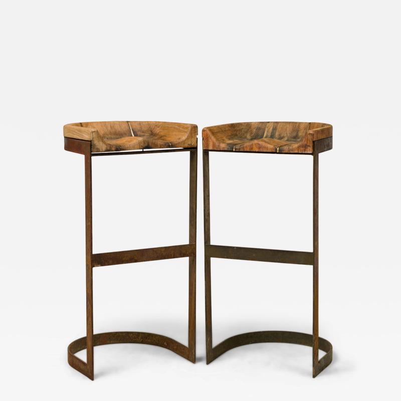 Warren Bacon Pair of Warren Bacon Brass and Wood Horseshoe Cantilever Barstools