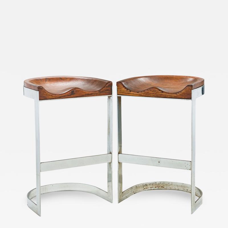 Warren Bacon Pair of Warren Bacon Chrome and Wood Horseshoe Cantilever Bar Stools