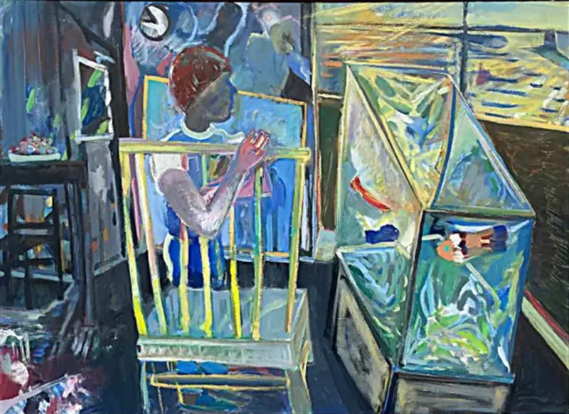 Warren Fischer Vintage Warren Fischer Abstract Painting with Aquarium