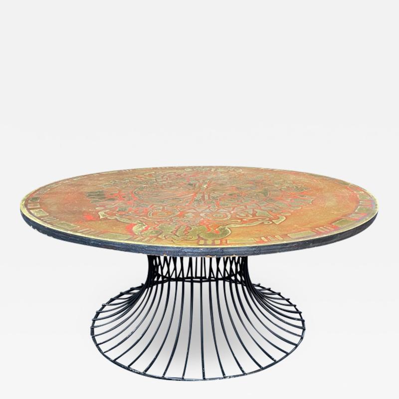 Warren Platner SIGNED MID CENTURY DECORATED METAL TOP WARREN PLATNER STYLE COFFEE TABLE