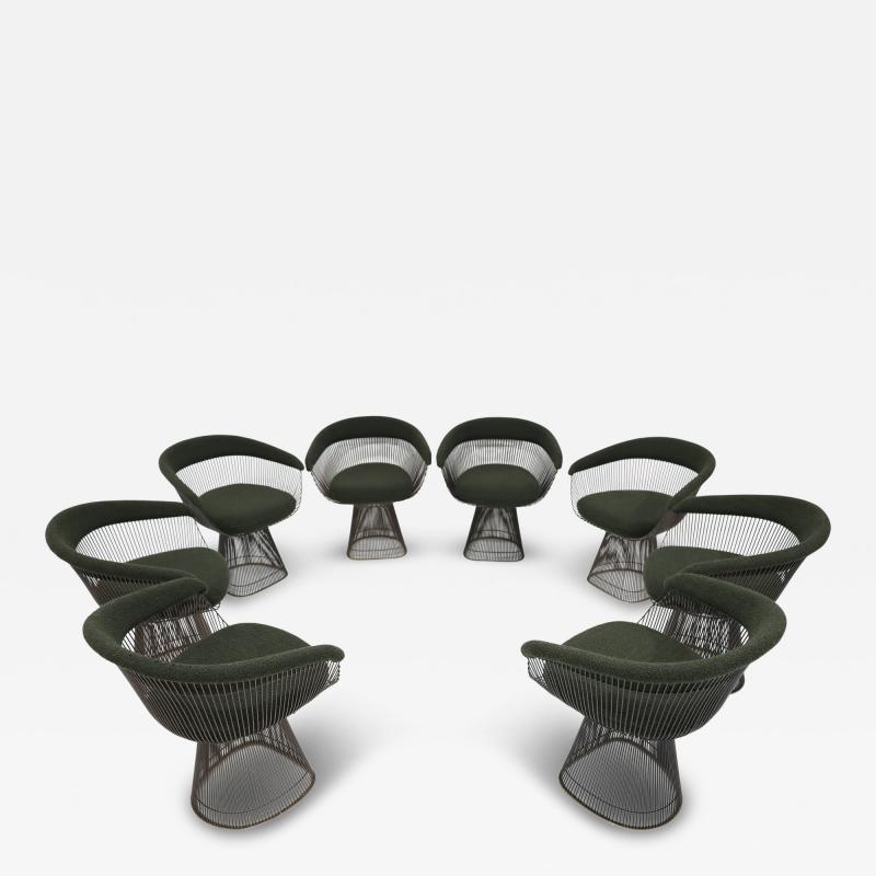 Warren Platner Warren Platner for Knoll Bronze Frame Dining Chairs in Deep Green Boucle