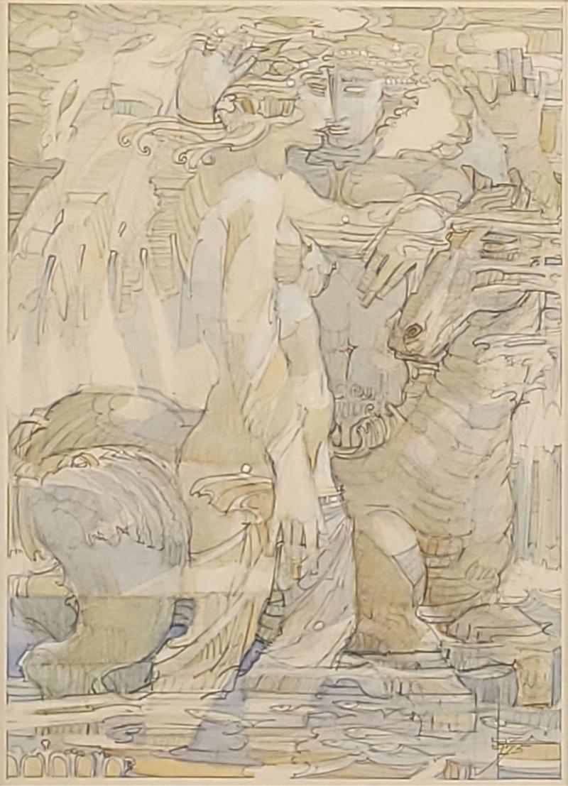Watercolor of Goddess and Companion with Horse circa 1975