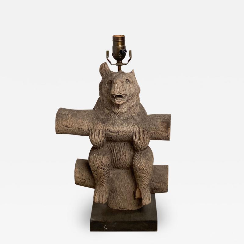 Weathered Black Forest Carved Wooden Bear Lamp Swiss Circa 1920