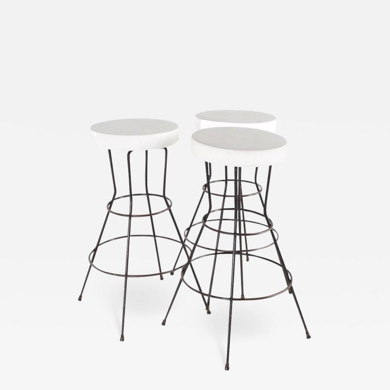 Weinberg Style Mid Century White Vinyl and Iron Stools Set of 3