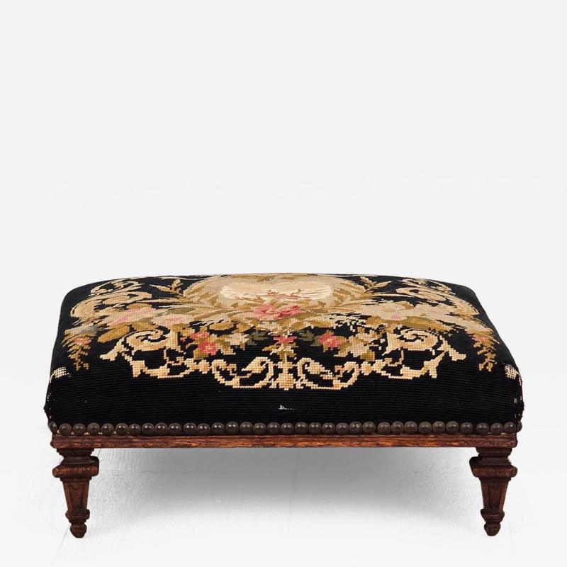 Well Carved French Louis XVI Style Footstool with Old Needlepoint circa 1850