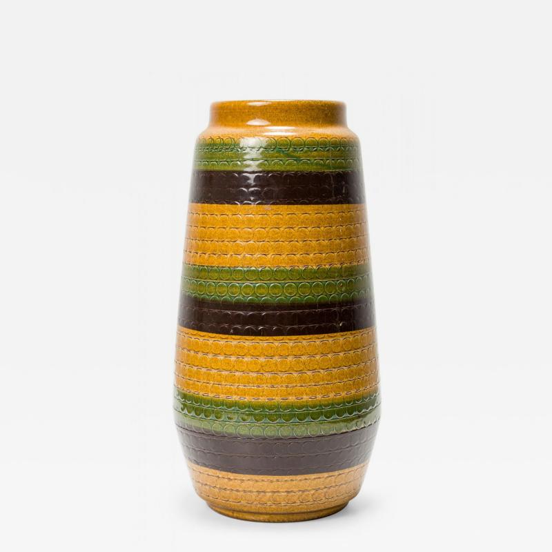 West German Mid Century Brown Gold and Green Textured Striped Glazed Ceramic Vas