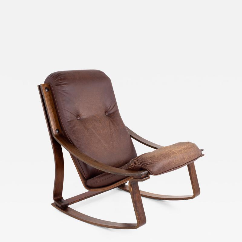 Westnofa Mid Century Rosewood and Brown Leather Rocking Chair