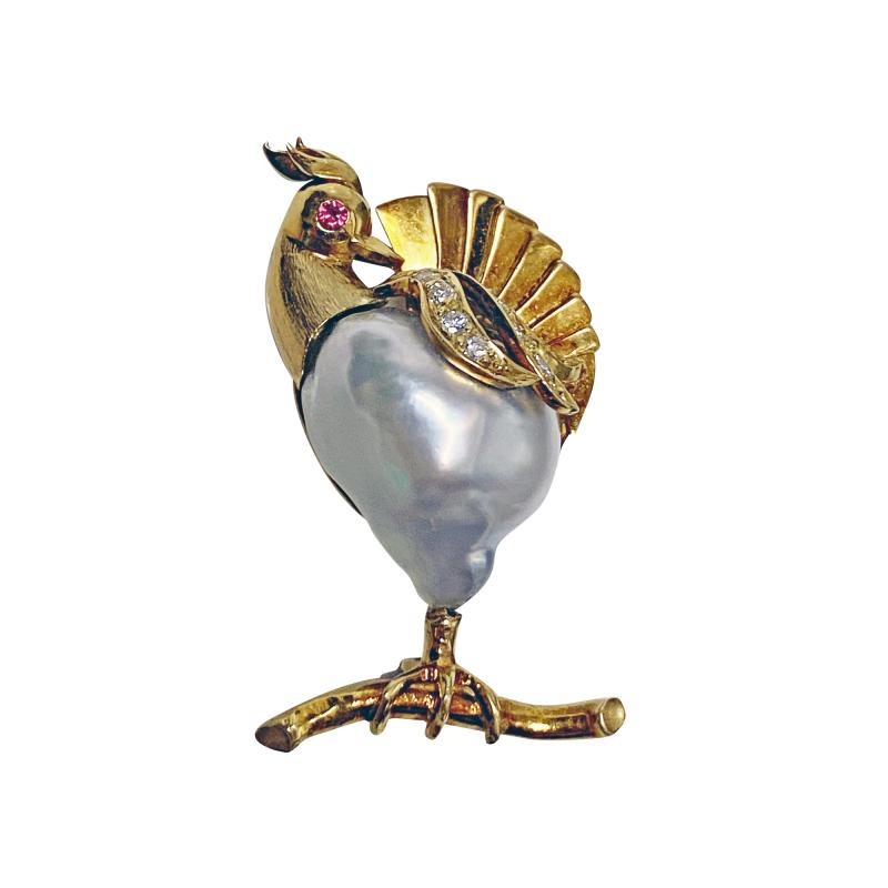 Whimsical 18K Gold Pearl Diamond Ruby Peacock Brooch