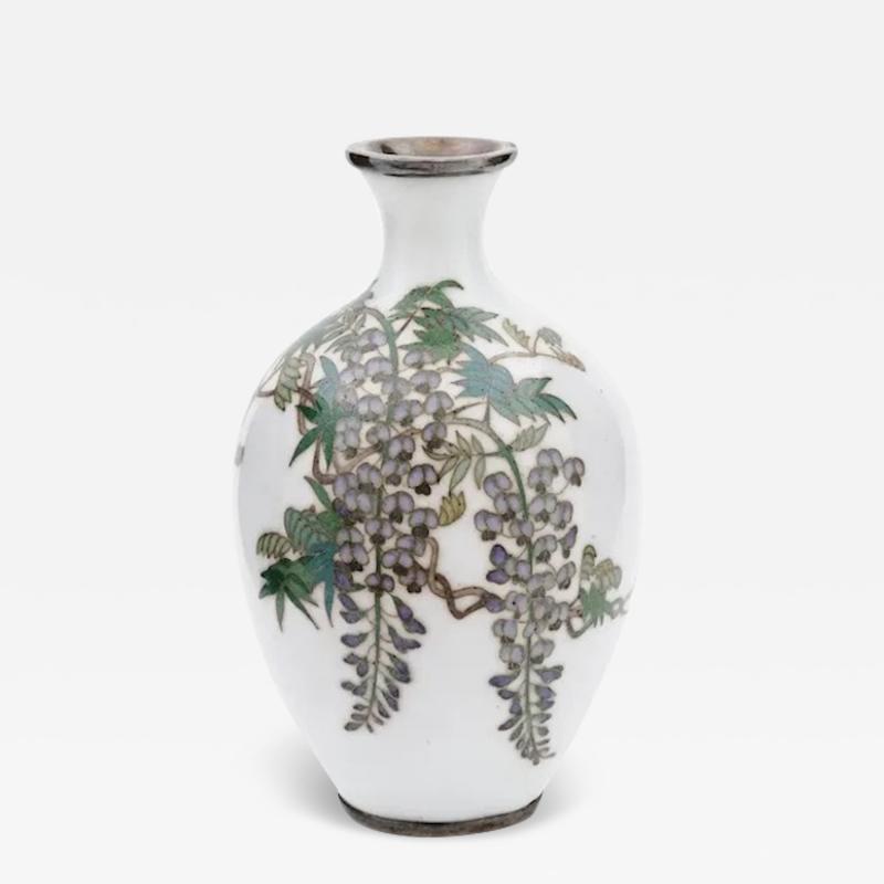 Whispers of Elegance Rare White Japanese Cloisonn Wisteria Tree Enamel Vase 