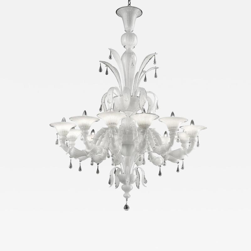 White Venetian Ca Rezzonico Murano Glass Chandelier With Clear Glass Drops