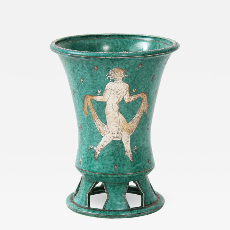 Wilhelm K ge Green glazed ceramic and silver Argenta vase by Wilhelm Kage for Gustavsberg