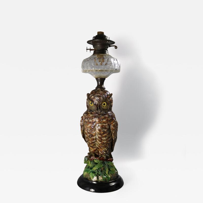Wilhelm Schiller Majolica Owl Figural Lamp