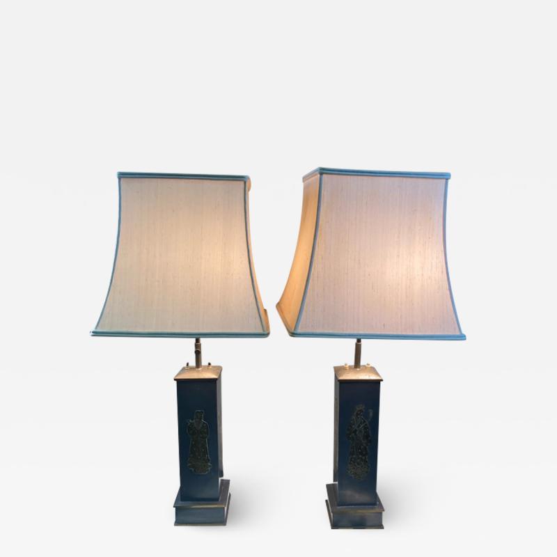 William Billy Haines 1940s PAIR OF ASIAN THEMED PEWTER AND BRASS LAMPS