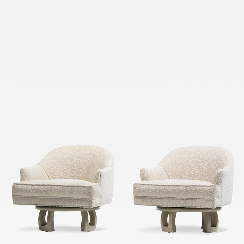 William Billy Haines Billy Haines Hollywood Regency Mahogany Swivel Lounge Chairs in Cream Boucl 