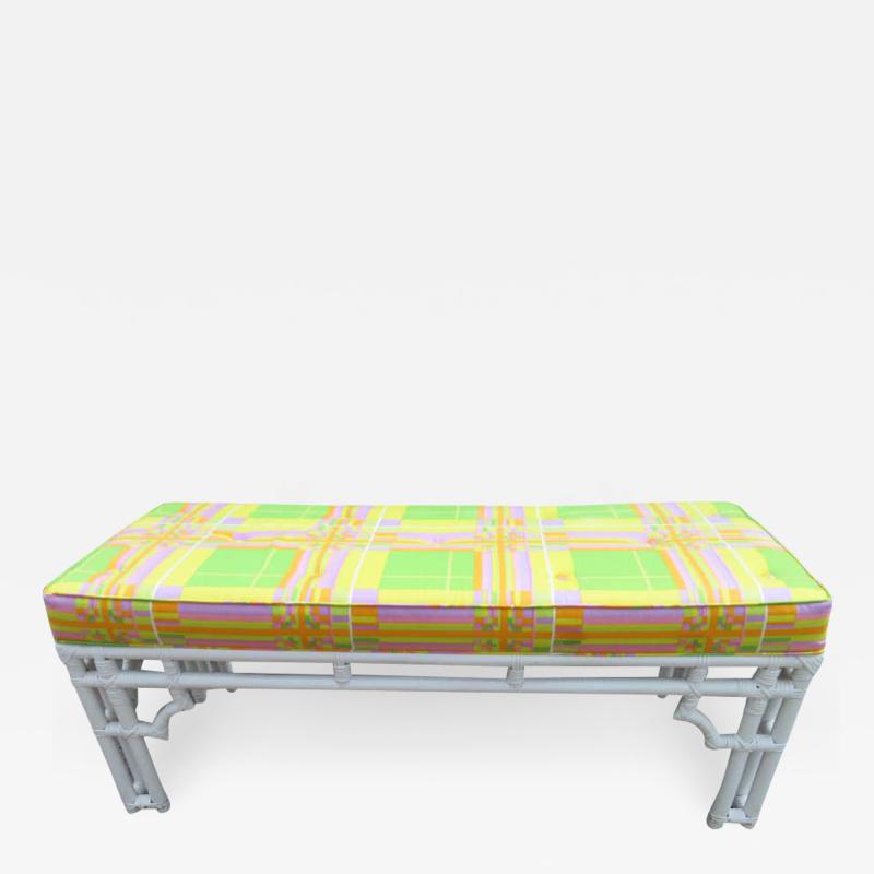 William Billy Haines Fabulous Mod White Faux Bamboo Wood Pucci Style Upholstered Bench Hollywood Glam