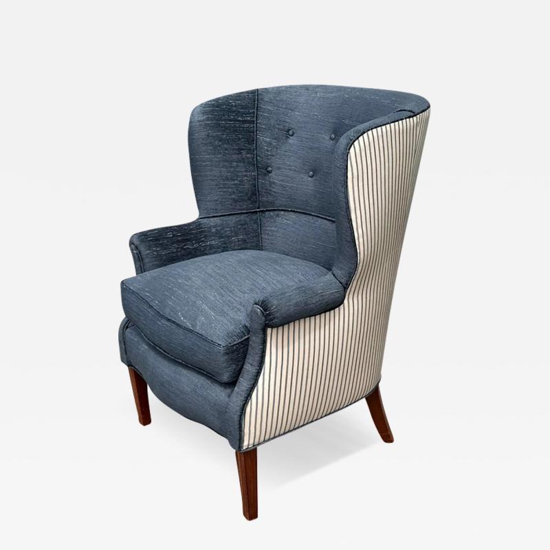 William Haines Hall Billy Hanes Style Blue Wing French Stripe Wing Back Chair
