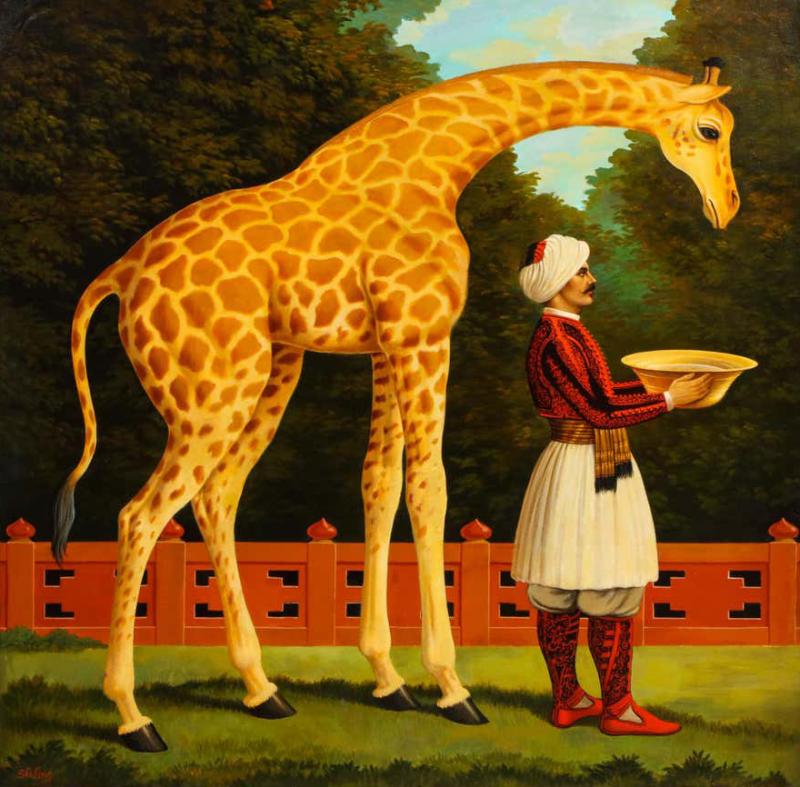 William Skilling William Skilling American British 1862 1964 Giraffe Attendant Oil Painting