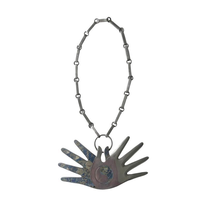 William Spratling Mexican Modern Silver Necklace with Large Hand Pendent William Spratling