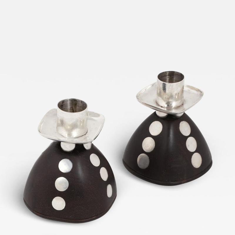William Spratling Wonderful Pair of Spratling Dot Candle Holders in Ebony and Sterling