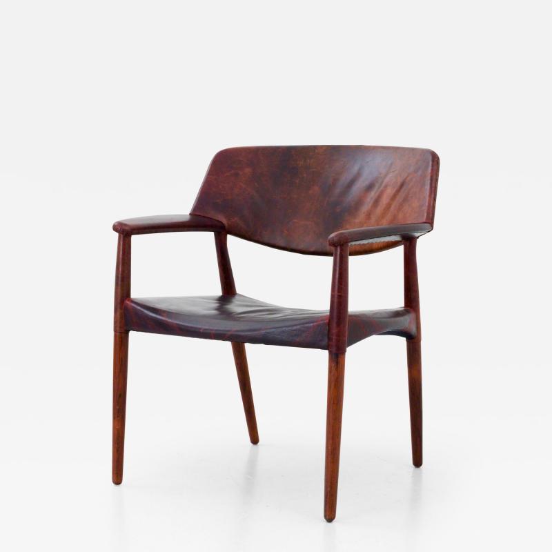 Willy Beck Armchair by Larsen and Madsen in Leather and Wood by W Beck Denmark 1950