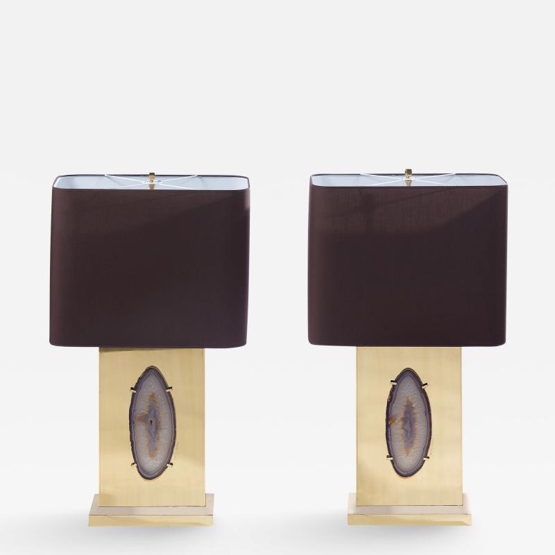 Willy Daro PAIR OF BRASS LAMPS WITH AGATE INSET BY WILLY DARO