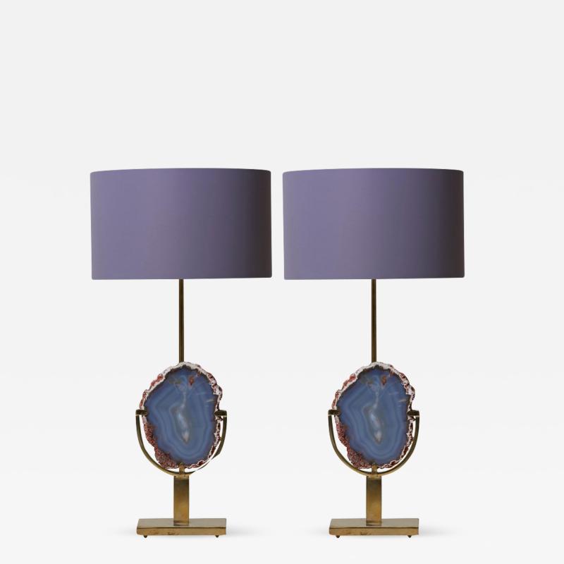 Willy Daro Pair of Stunning Agate Stone and Brass Table Lamps in the Manner of Willy Daro