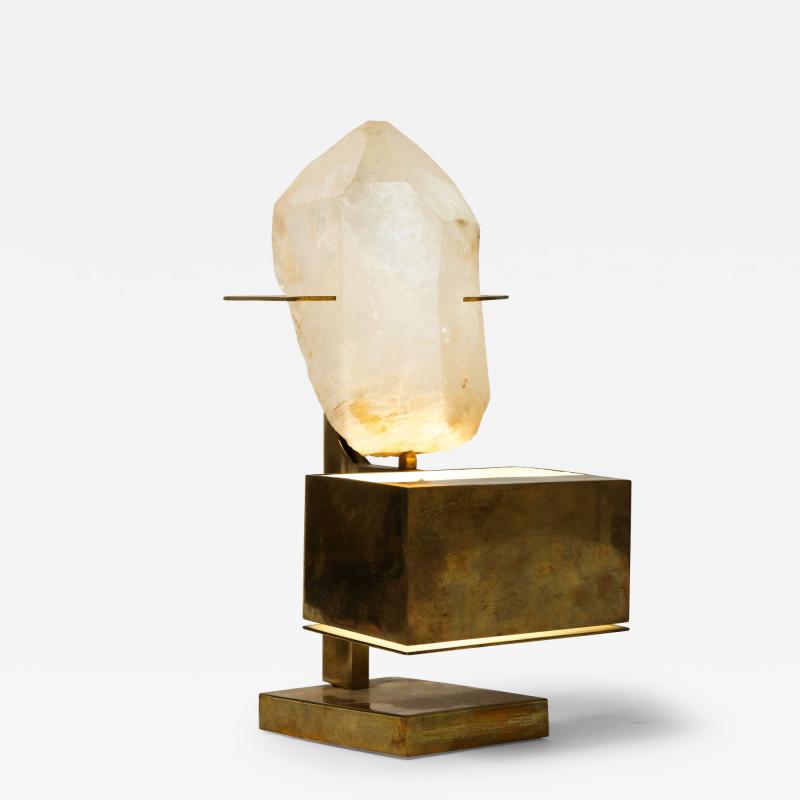 Willy Daro Patinated Brass and Rose Quartz Table Lamp in the Manner of Willy Daro