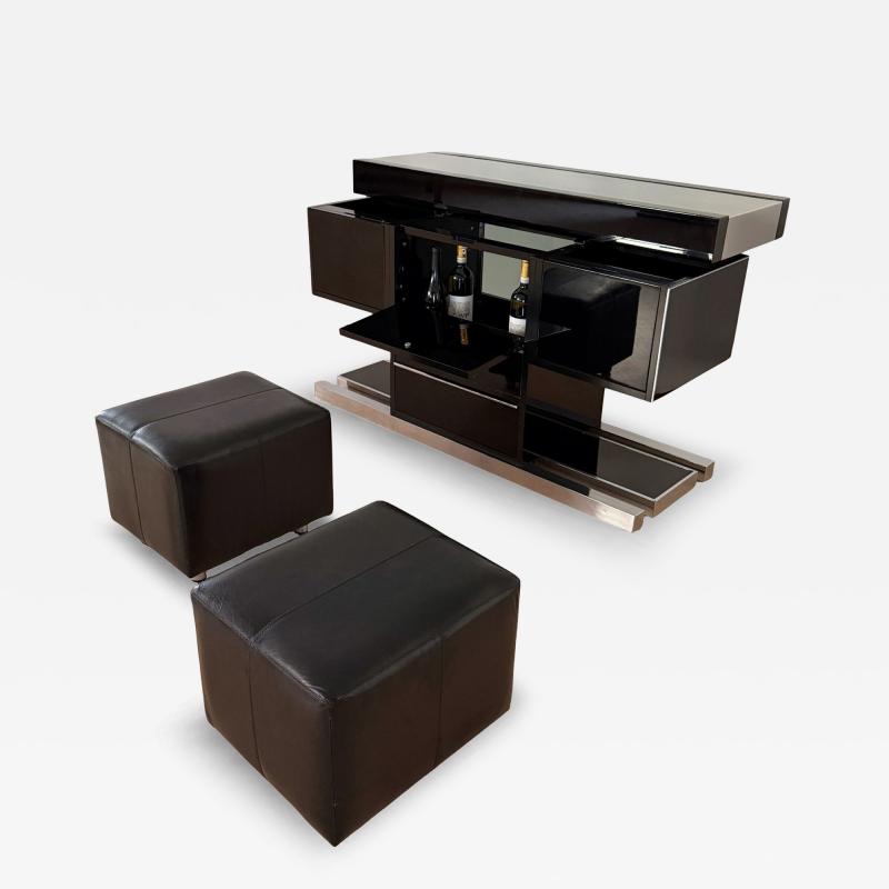 Willy Rizzo Convertible Bar Black Lacquer Chrome Leather Italy circa 1970