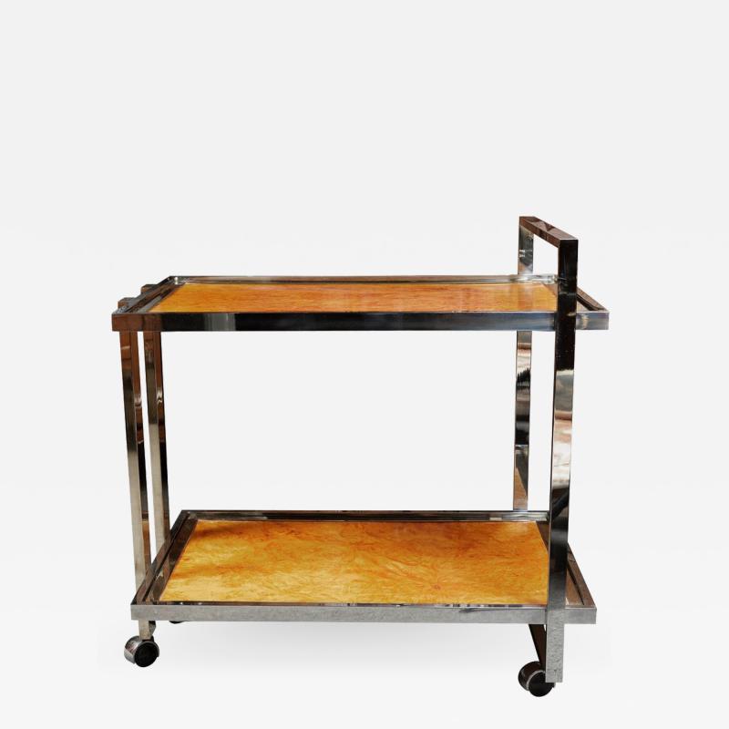 Willy Rizzo F 08 stylish chrome and burl wood bar cart by Willy Rizzo