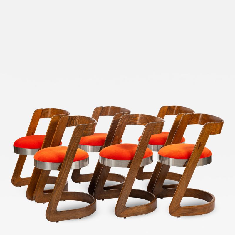 Willy Rizzo Rare set of six Willy Rizzo dining chairs in mahogany steel and upholstery