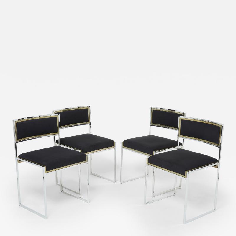 Willy Rizzo Set of 4 chairs Brass chrome black alcantara by Willy Rizzo 1970s