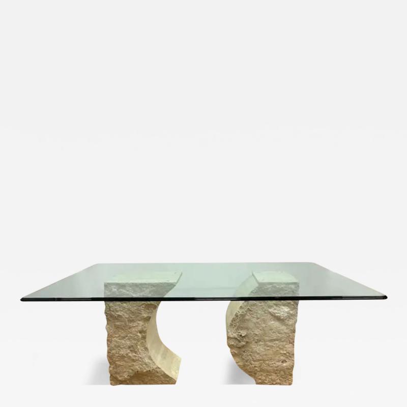 Willy Rizzo Willy Rizzo France Carved Brutalist Travertine Dining Table Ogee Beveled Top