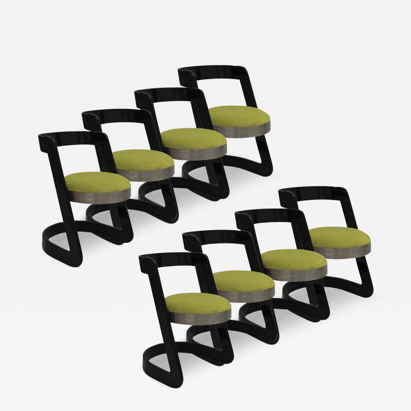 Willy Rizzo Willy Rizzo Set of Eight Black Lacquered Wood and Green Velvet Italian Chairs