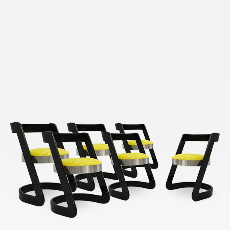 Willy Rizzo Willy Rizzo Set of Six Black Lacquered Wood and Yellow Velvet Italian Chairs