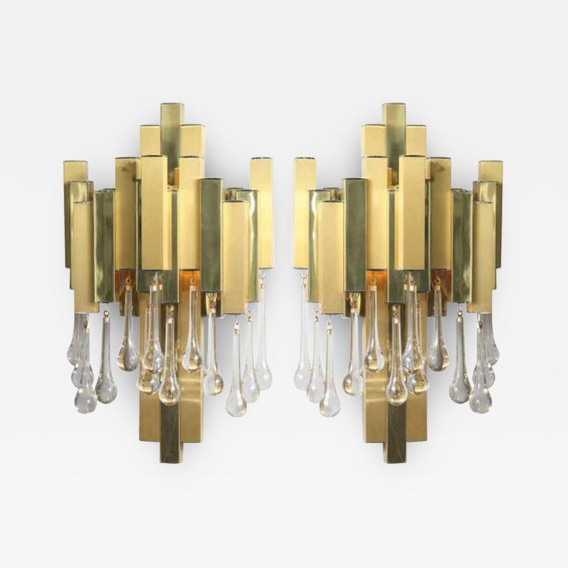 Willy Rizzo Willy Rizzo for BD Lumica Pair of Brutalist Sconces with Glass Tear Drops