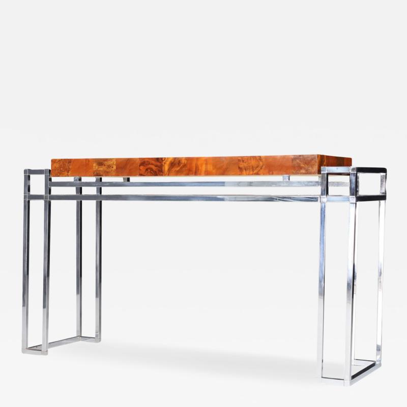 Willy Rizzo c1980 Willy Rizzo burl and chrome console table