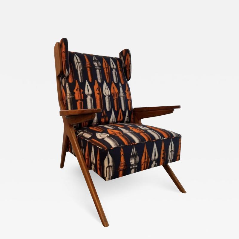 Wingback Library Chair in Piero Fornasetti Stylo Plume Fabric