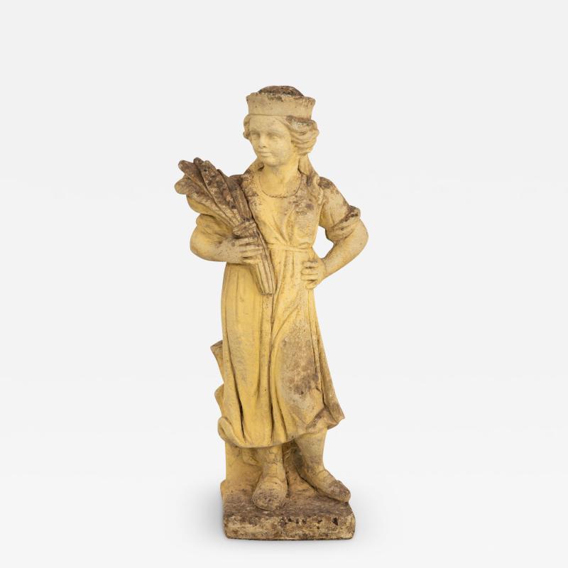 Woman Holding Sheaf of Wheat Concrete Garden Ornament England Mid 20th Century