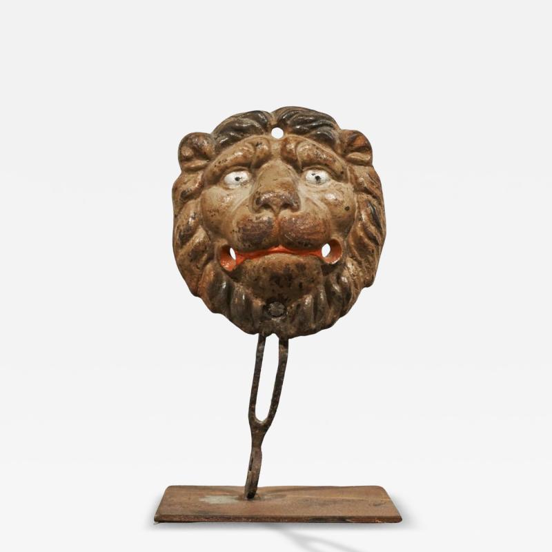 Wonderful Antique Lions Head in Polychrome and Cast Iron on Stand