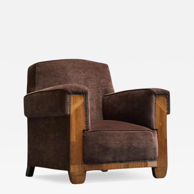 Wonderful Art Deco Lounge Chair in Velvet and Inlaid Wood 1930s