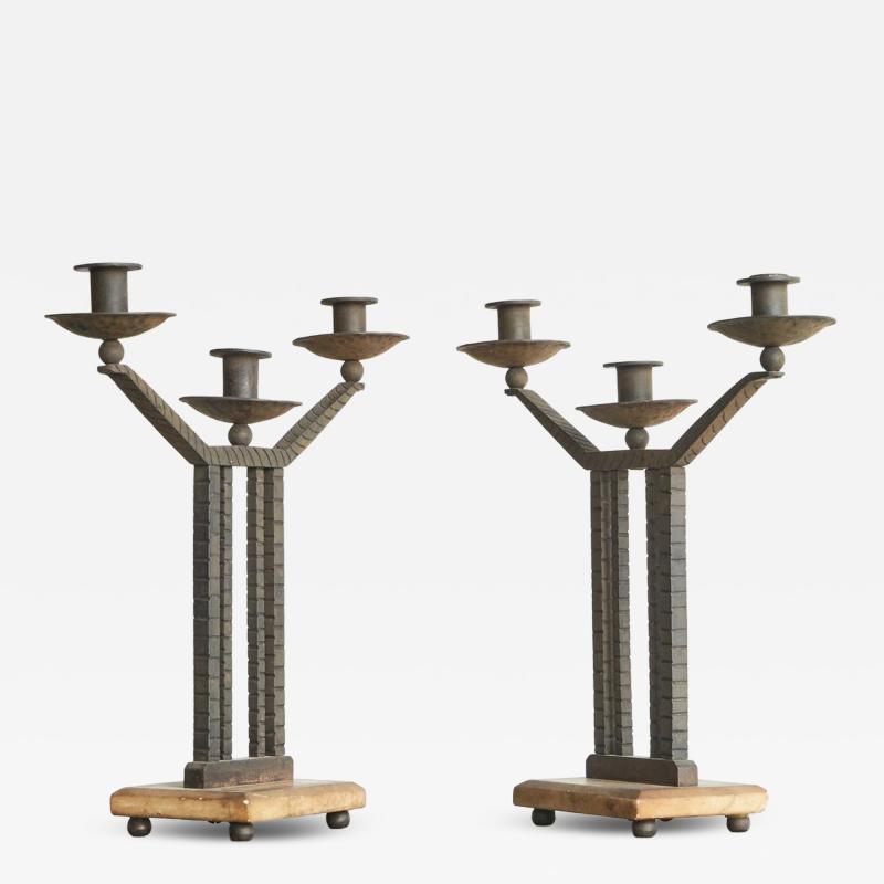 Wonderful Pair of Art Deco Candle Holders in Wrought Iron and Stone 1930s