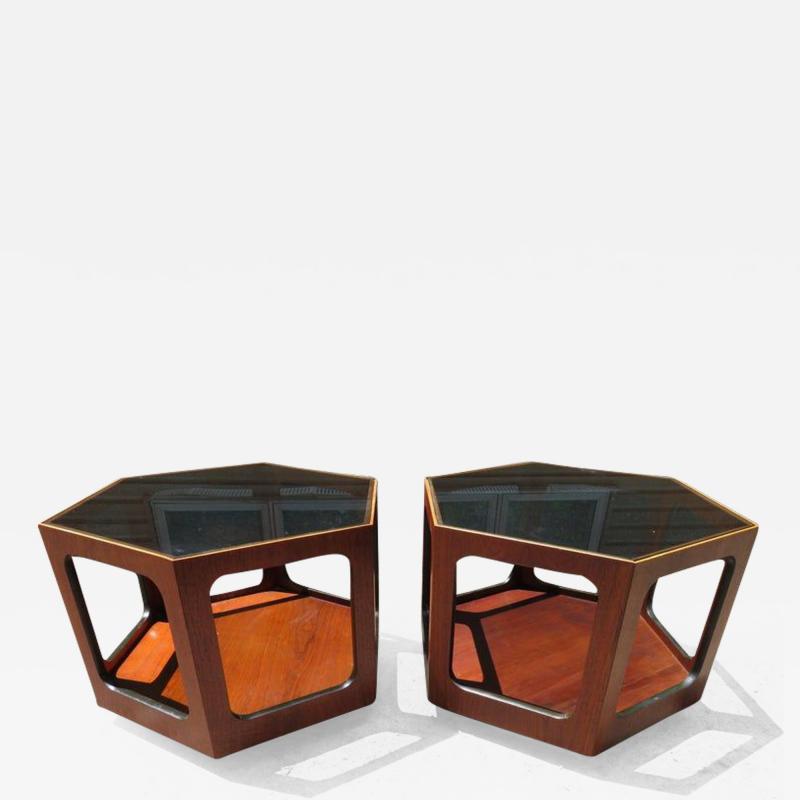 Wonderful Pair of Lane Octagon Glass Walnut Side End Tables Mid Century Modern