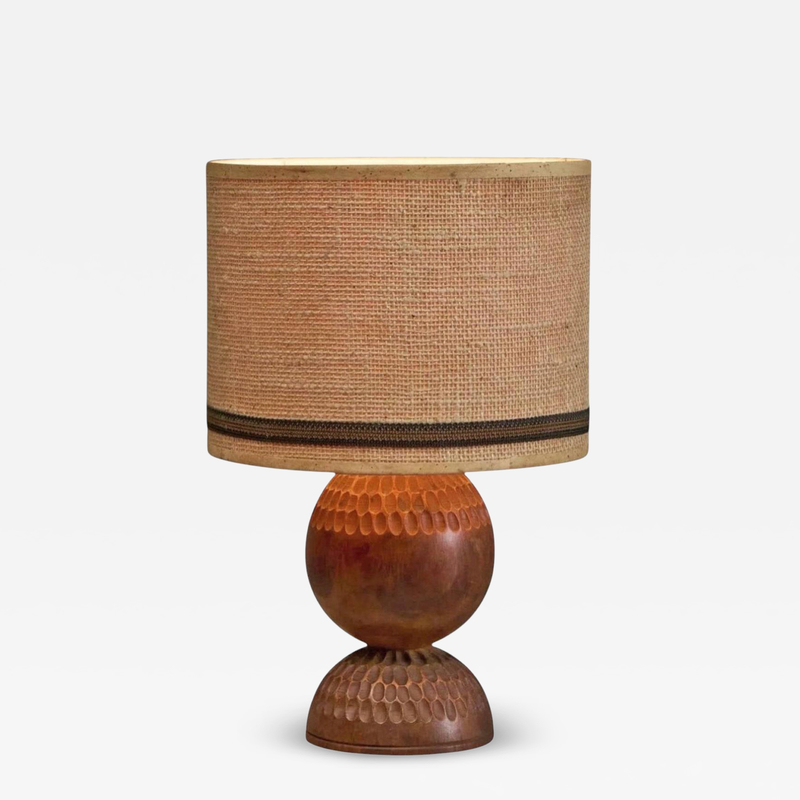 Wonderful Table Lamp in Carved Wood with Shade in Woven Jute 1960s