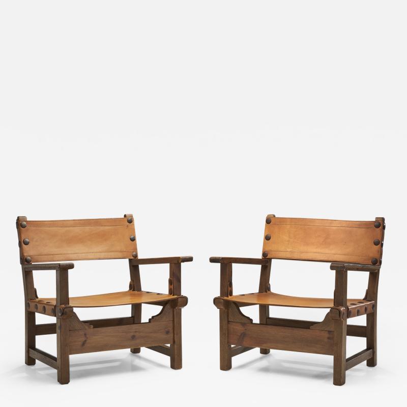 Wood and Cognac Saddle Leather Spanish Chairs Europe 1960s