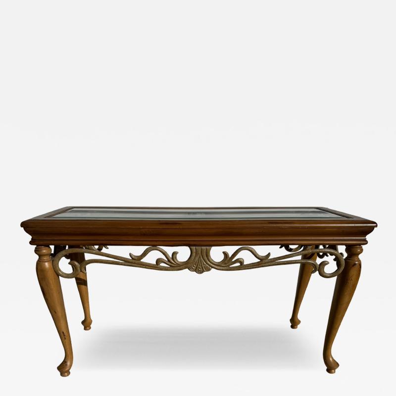 Wood and Wrought Iron Sofa Table With Glass Top