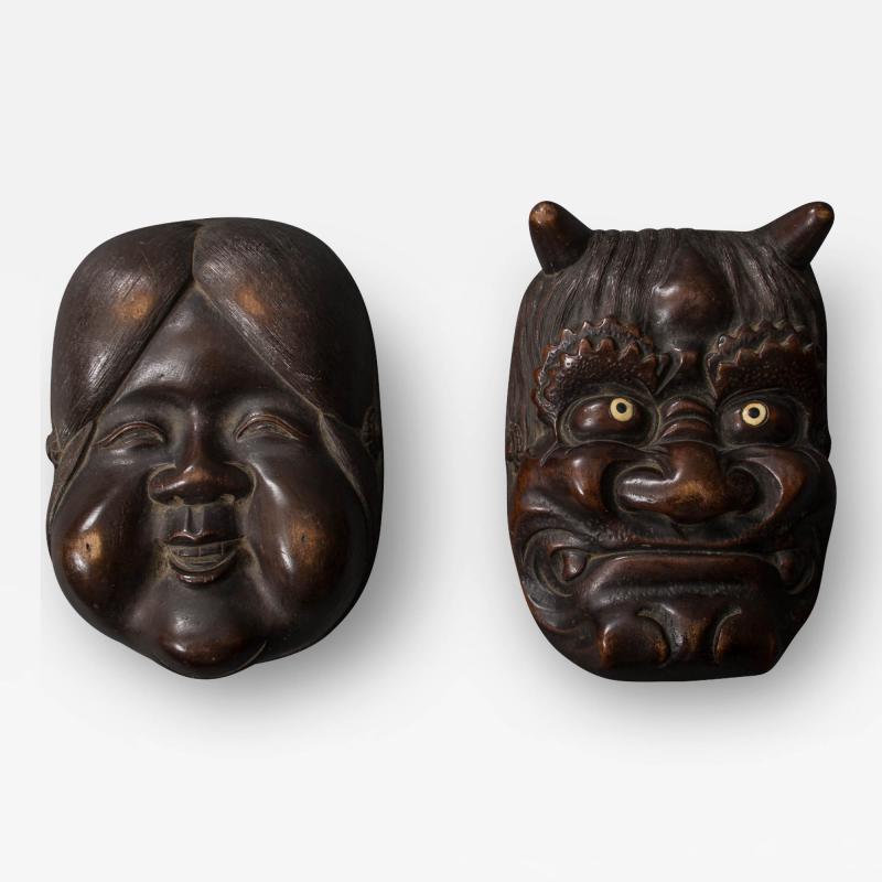 Wooden Carved Box of Otafuku and Oni Good and Evil 