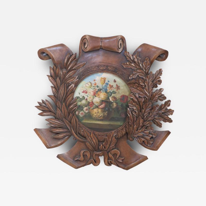 Wooden Wall Plaque with Painted Floral Still Life Inset