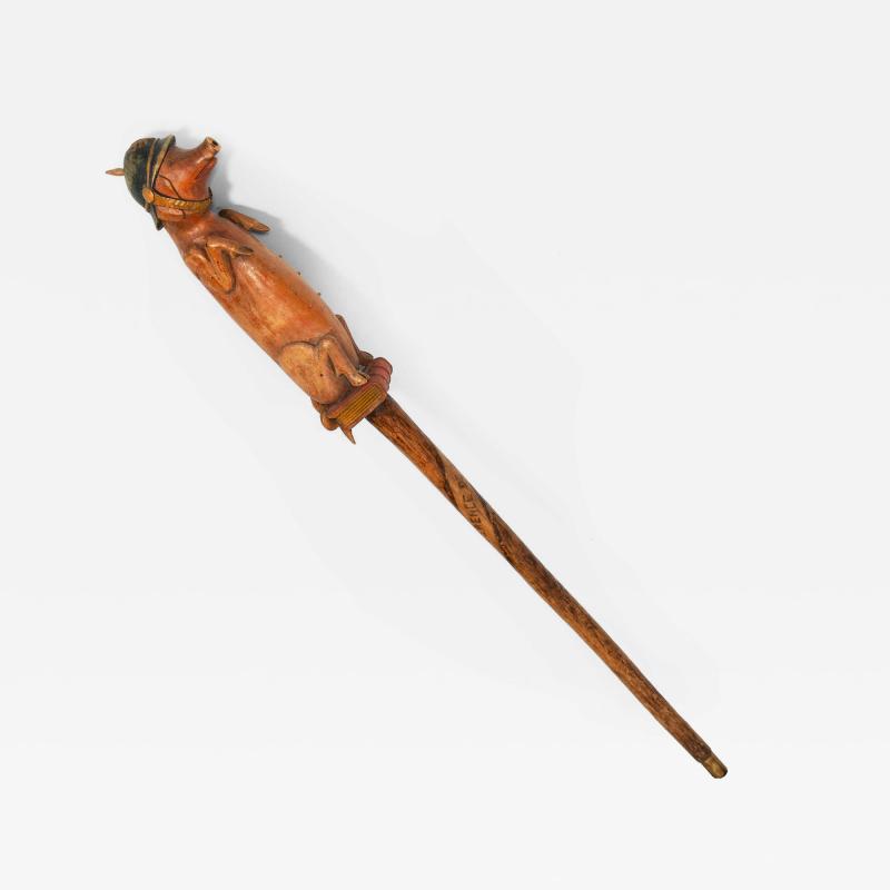 World War I Trench Art Carved Wallking Stick Cane of Sculpture Pig Soldier