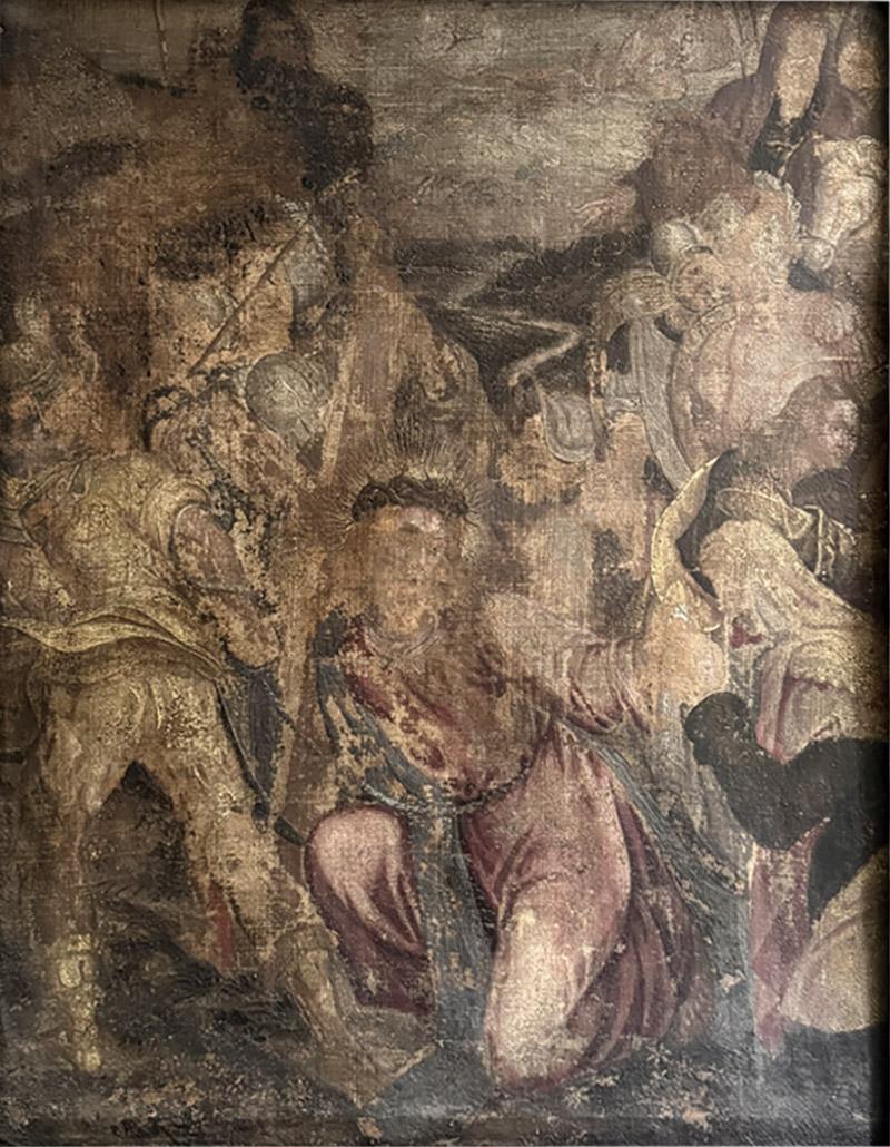 Worn Antique Religious Scene Oil on Canvas in Original Wooden Frame