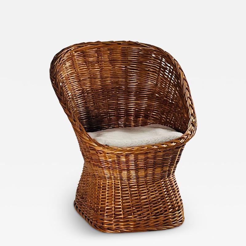 Woven Rattan Wicker Barrel Chair with Shearling Pad